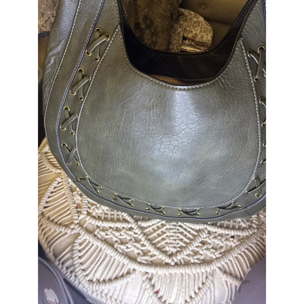 Hayden-Harnett Olive Green Lace Up Hobo Shoulder Bag Faux Leather Boho Messenger